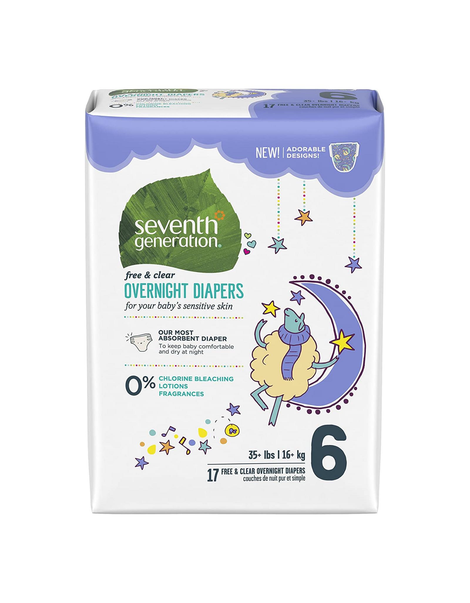 Seventh Generation Baby Free & Clear Overnight Diapers, for Baby Sensitive Skin, Size 6, 68 Ct
