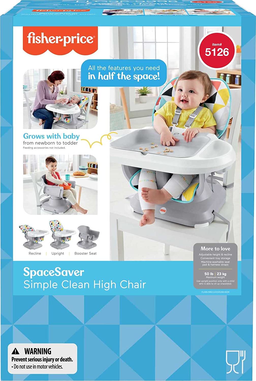 Fisher-Price SpaceSaver High Chair, Windmill - with 2 height adjustments & 3 recline positions