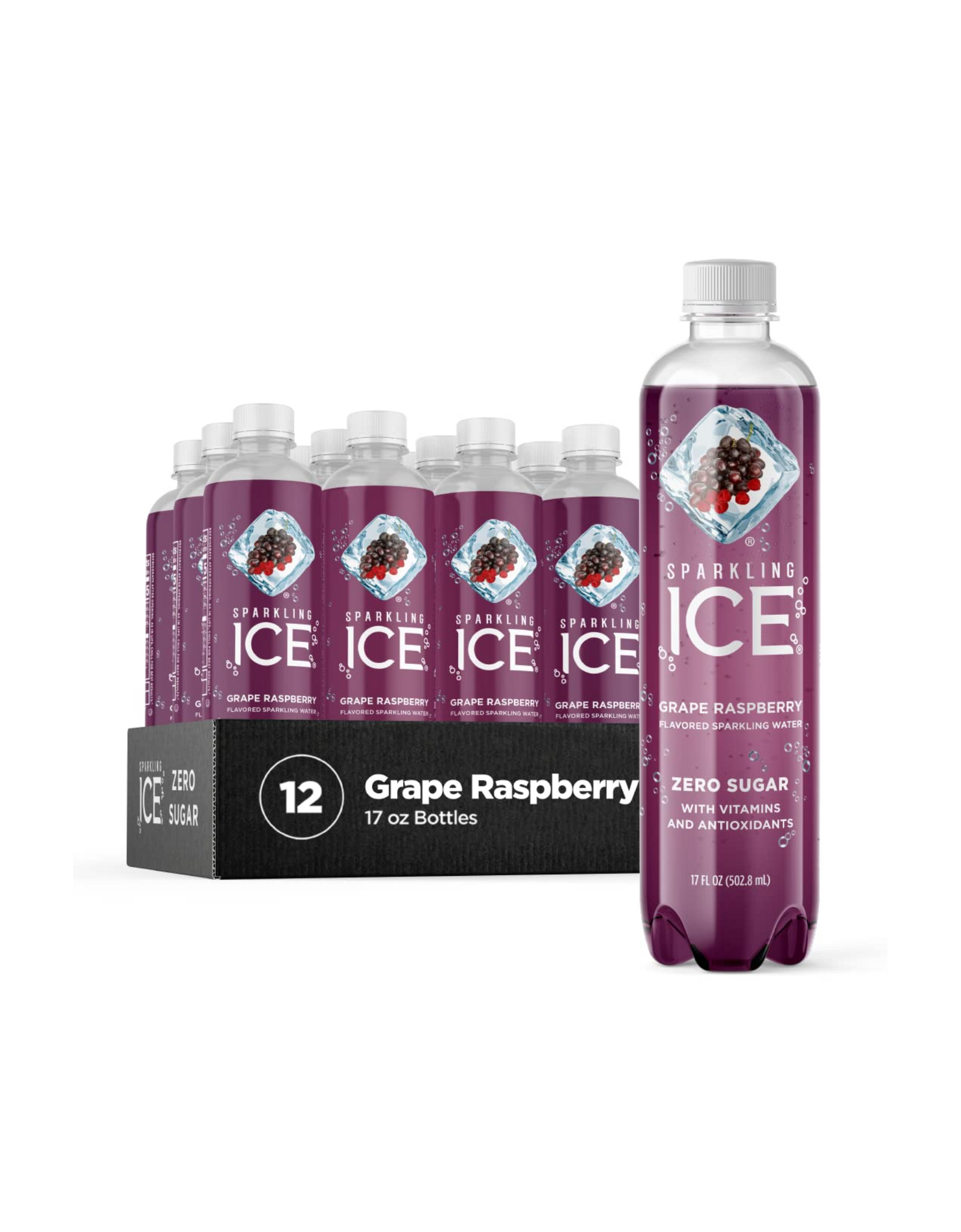 Sparkling Ice, Grape Raspberry Sparkling Water, with Vitamins and Antioxidants, 17 fl oz (Pack of 12)