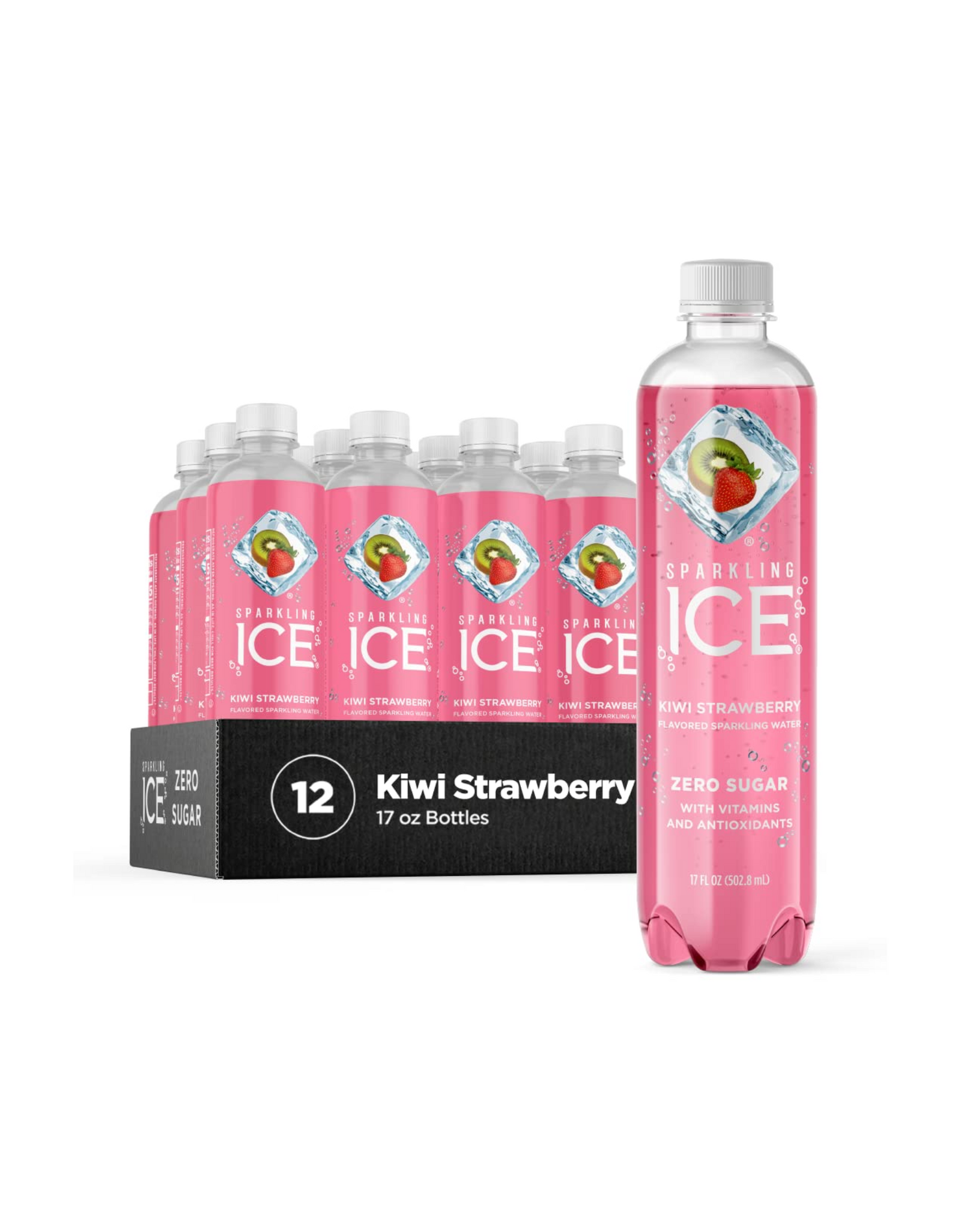Sparkling Ice, Kiwi Strawberry Sparkling Water, with Antioxidants and Vitamins, 17 fl oz (Pack of 12)