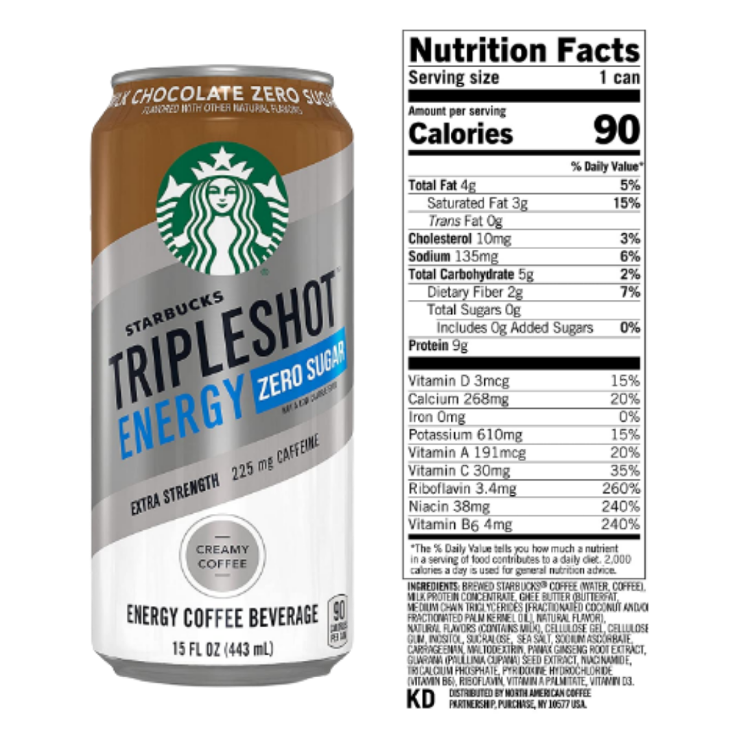 Starbucks Tripleshot Zero Sugar Energy Extra Strength Espresso Coffee Beverage, Milk Chocolate, 15 Ounce - Pack of 12