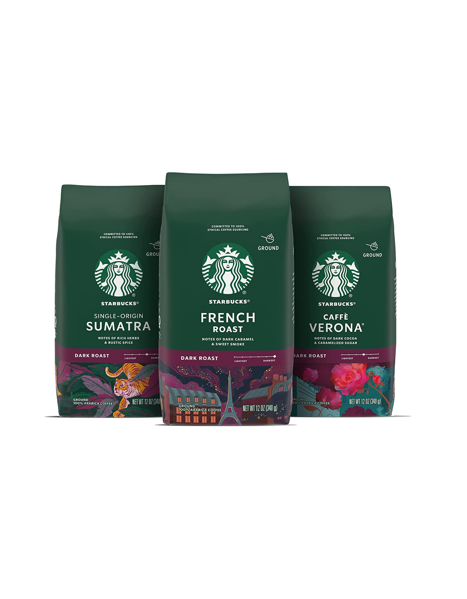 Starbucks Dark Roast Ground Coffee Variety Pack, Ground 100% Arabica Coffee, 3 bags (12 oz each)