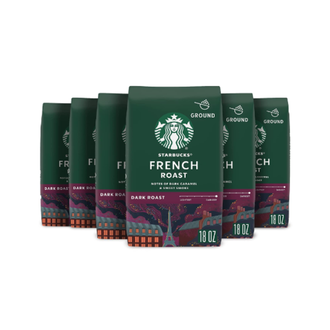 Starbucks Ground Coffee, Dark Roast Coffee, French Roast, 100% Arabica, 18 Ounce - 6 Pack