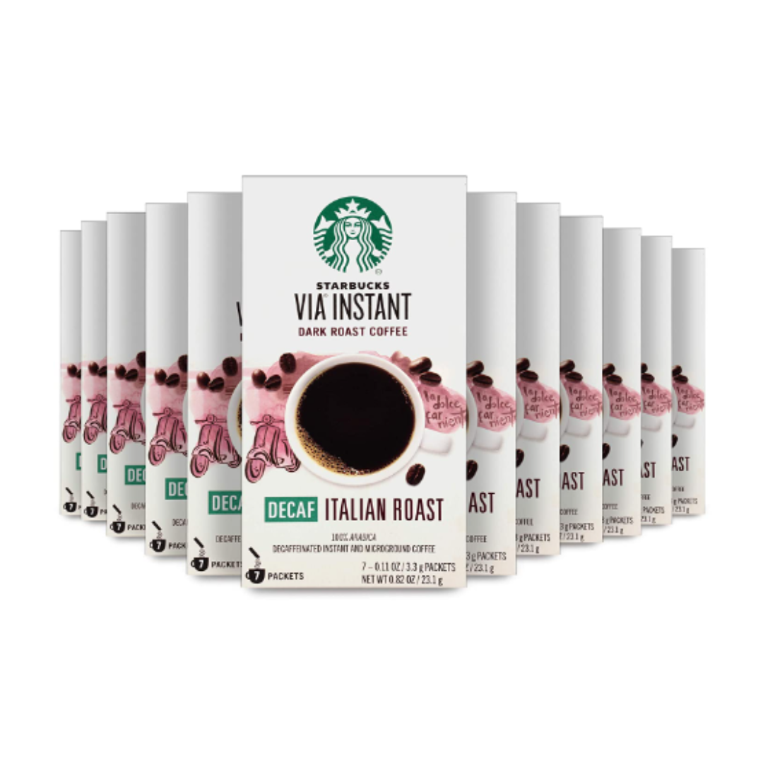 Starbucks VIA Instant Decaf Italian Roast Dark Roast Coffee, 12 boxes - 84 Packets Total
