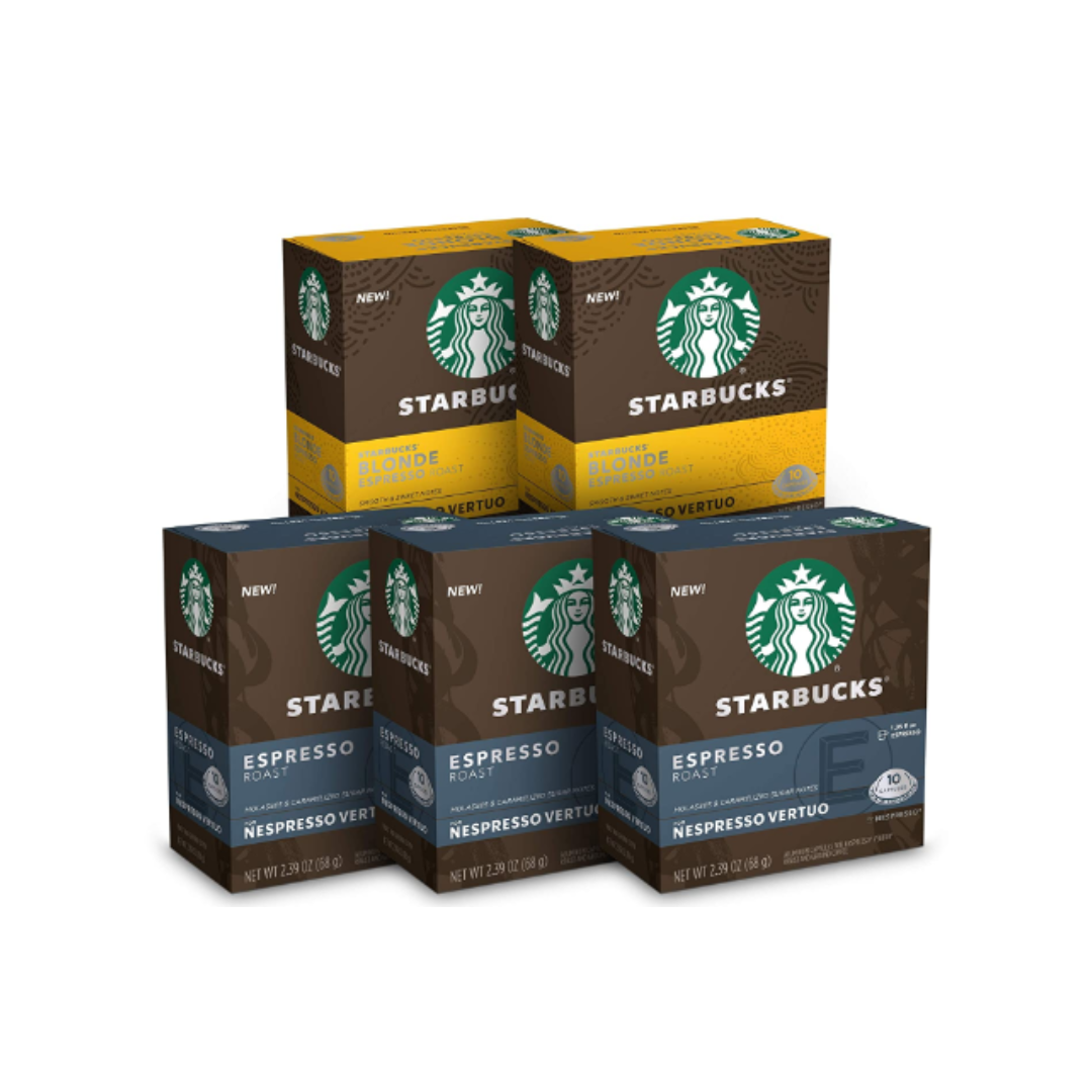 Starbucks Capsules for Nespresso Vertuo Machines, Blonde & Dark Roast Variety Pack, 5 boxes - 50 Coffee & Espresso Pods Total