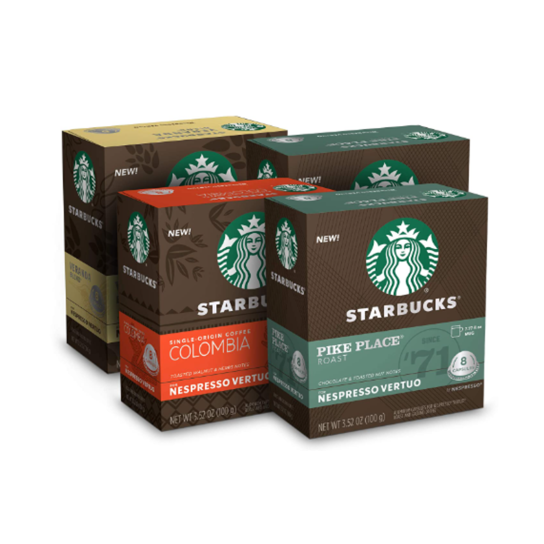 Starbucks Capsules for Nespresso Vertuo Machines, Blonde & Medium Roast Variety Pack, 4 boxes - 32 Coffee Pods Total