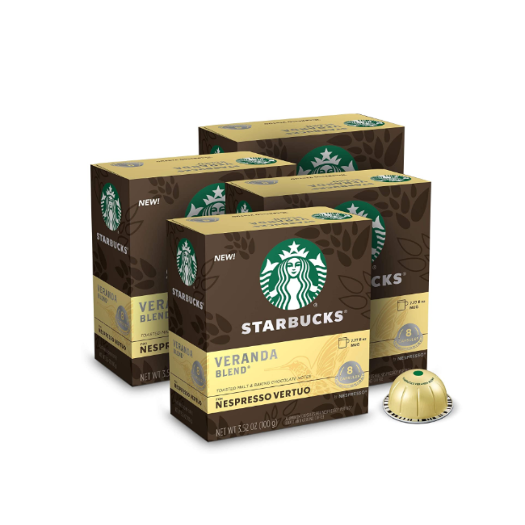 Starbucks Coffee Capsules for Nespresso Vertuo Machines, Blonde Roast Veranda Blend, 4 boxes - 32 Coffee Pods Total