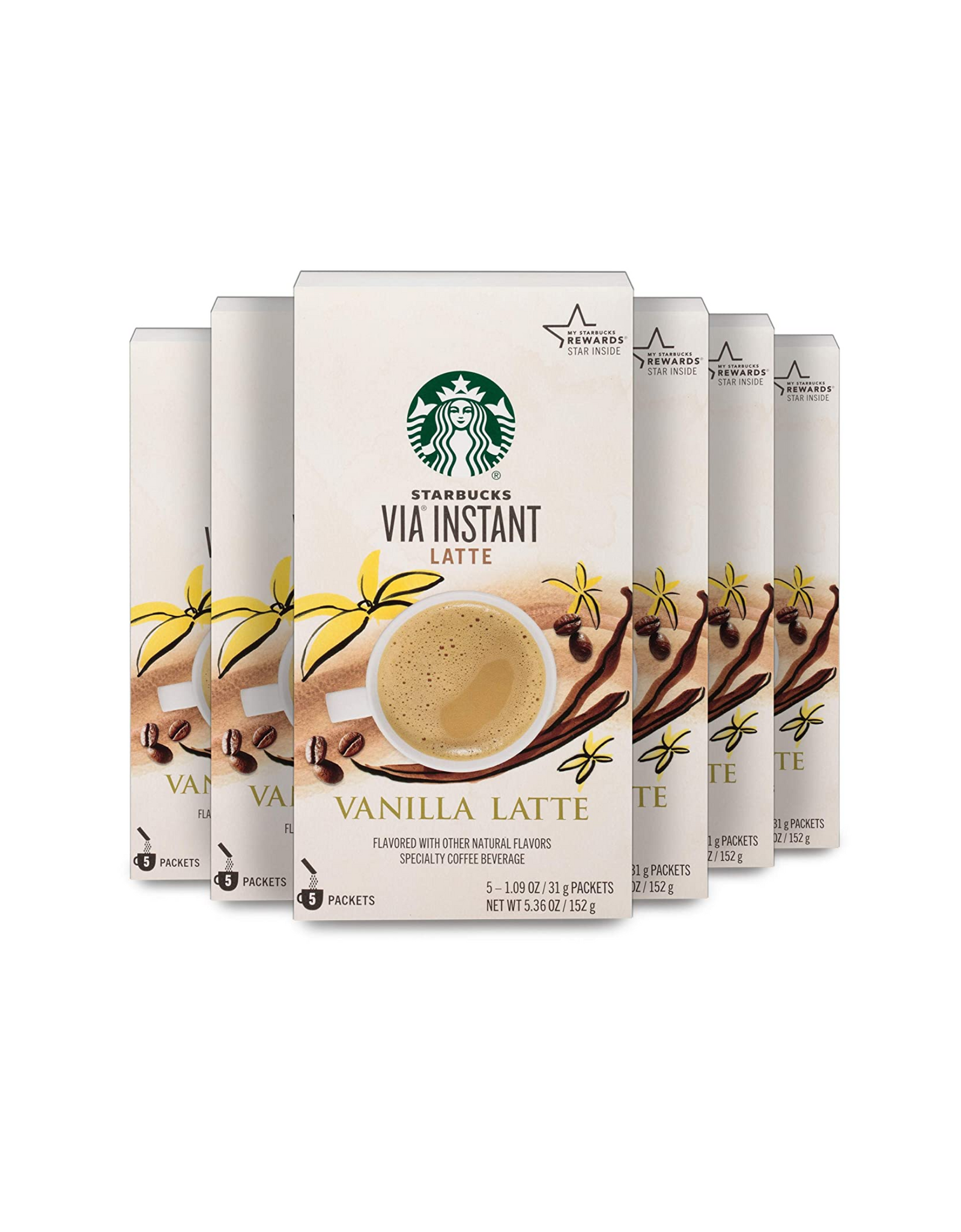 Starbucks VIA Instant Coffee Flavored Packets, Vanilla Latte, 6 boxes (30 packets total)