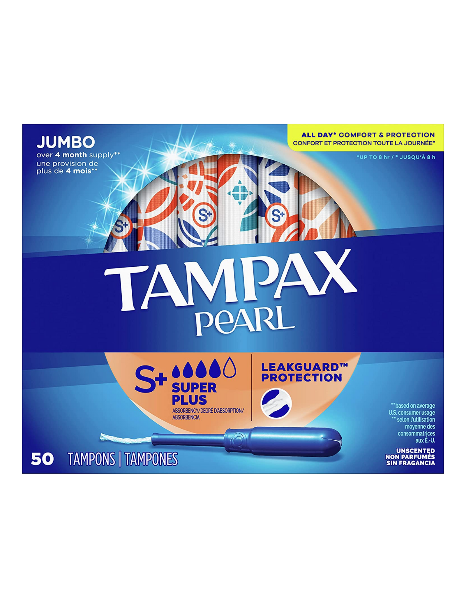 Tampax Pearl Tampons Super Plus Absorbency with LeakGuard Protection, Unscented, 50 Ct each box, (Pack of 4)