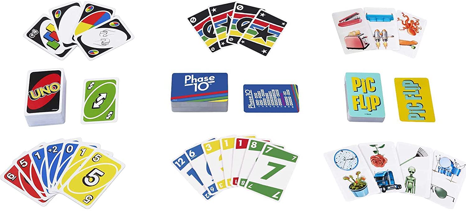 UNO, Phase 10 and Pic Flip Bundle Tin - 3 Mattel Card Games for Players 7 Year Olds & Up