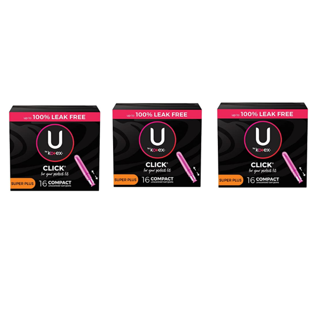 U by Kotex Click Compact Tampons, Super Plus Absorbency, Unscented - 16 Count (Pack of 3)