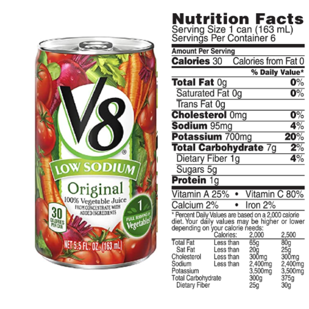 V8 100% Vegetable Juice, Original Low Sodium, 5.5 Ounce - Pack of 48