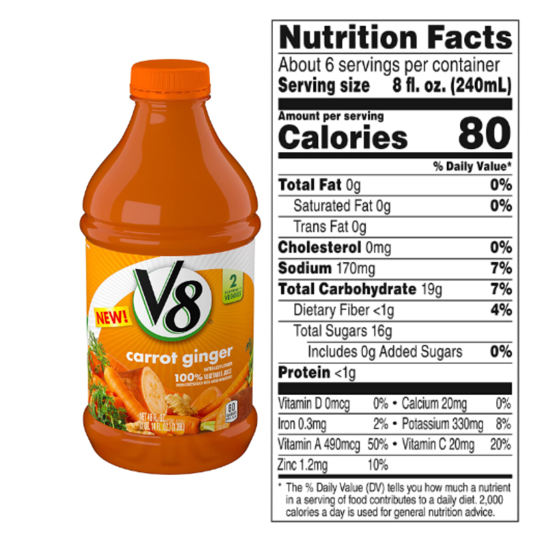 V8 Juice, Carrot Ginger Juice, 100% Vegetable Juice, Healthy Plant-Based Drink, 46 Ounce Bottle - Pack of 6