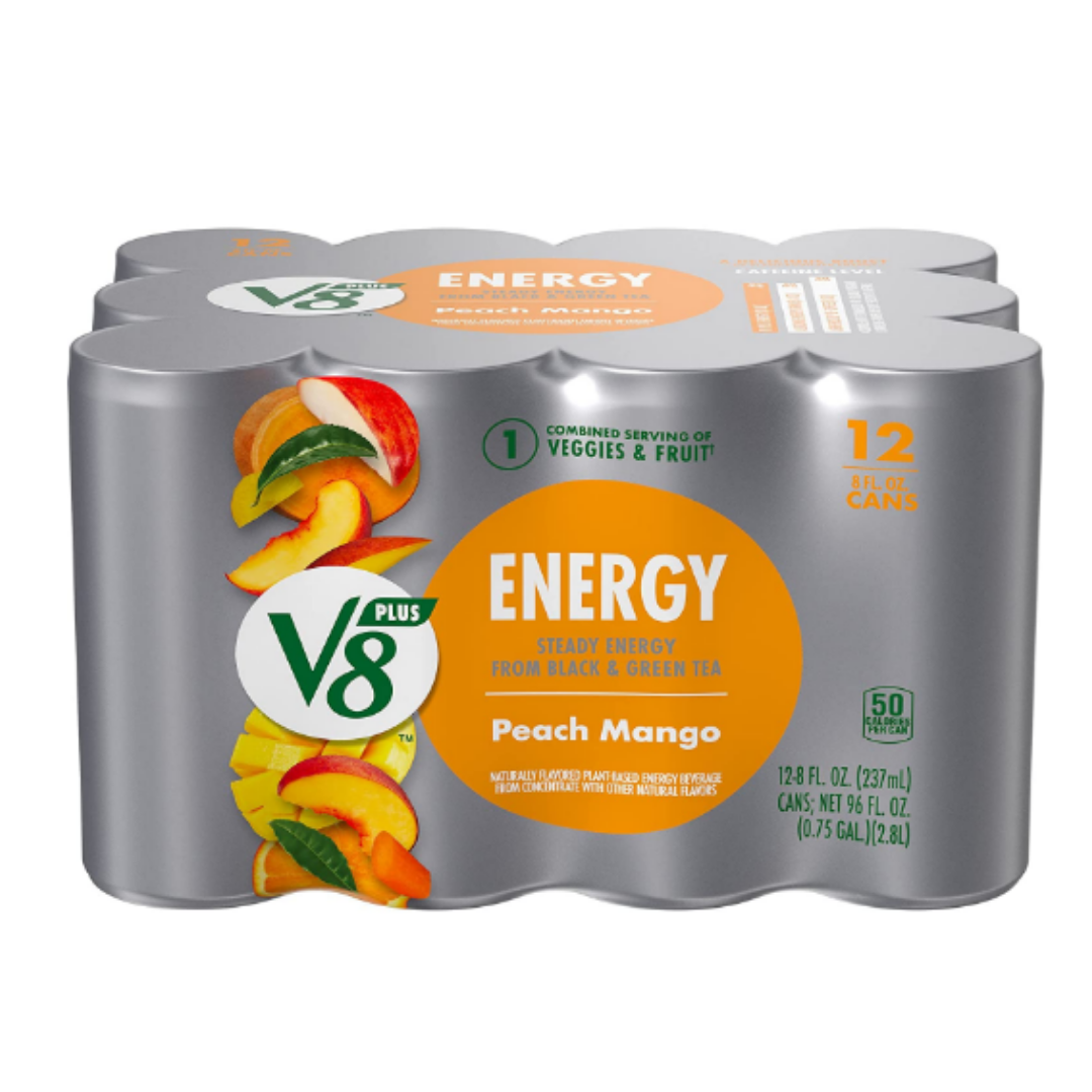V8 ENERGY Peach Mango Energy Drink, Made with Real Vegetable and Fruit Juices, 8 Ounce Can - Pack of 12
