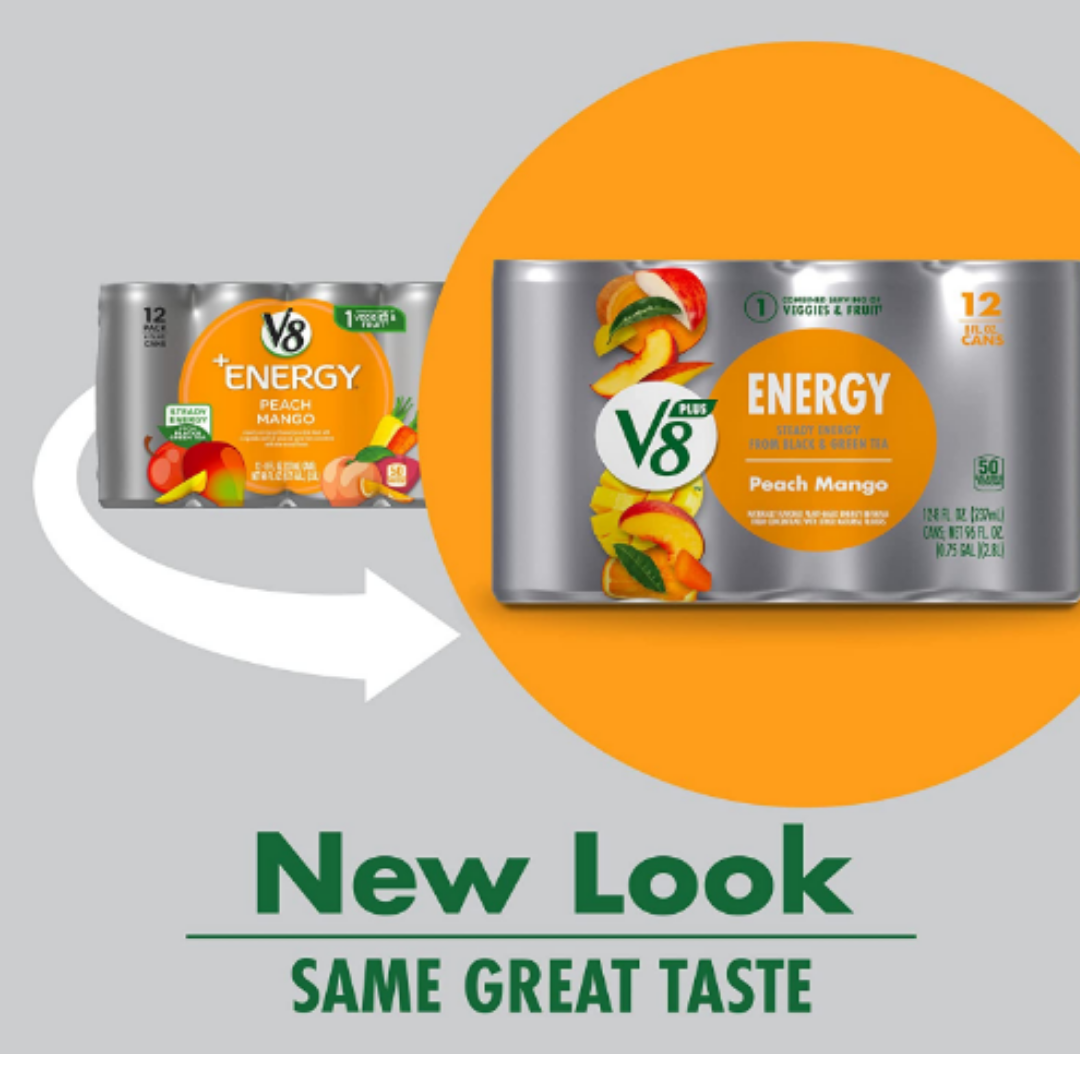V8 ENERGY Peach Mango Energy Drink, Made with Real Vegetable and Fruit Juices, 8 Ounce Can - Pack of 12