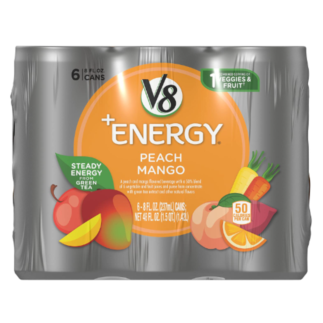V8 ENERGY Peach Mango Energy Drink, Made with Real Vegetable and Fruit Juices, 8 Ounce Can - Pack of 6