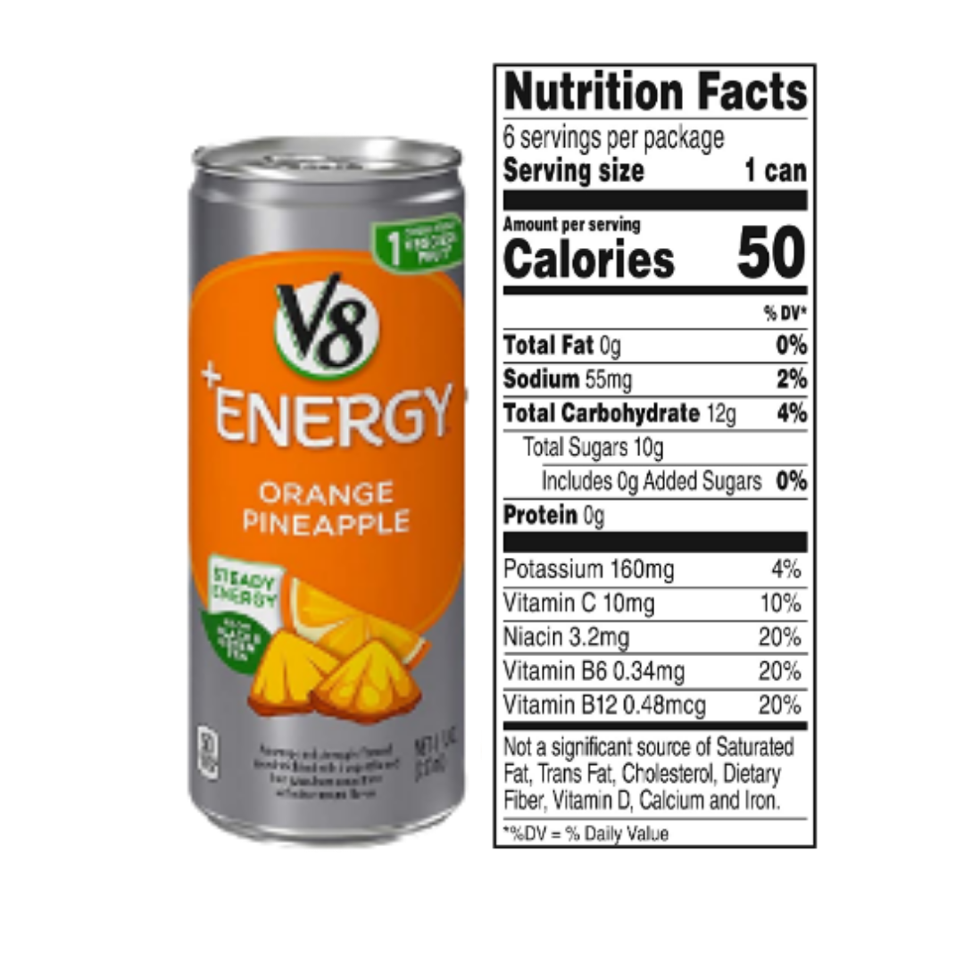 V8 Energy, Healthy Drink, Natural Energy from Tea, Orange Pineapple, 8 Ounce Can - Pack of 24