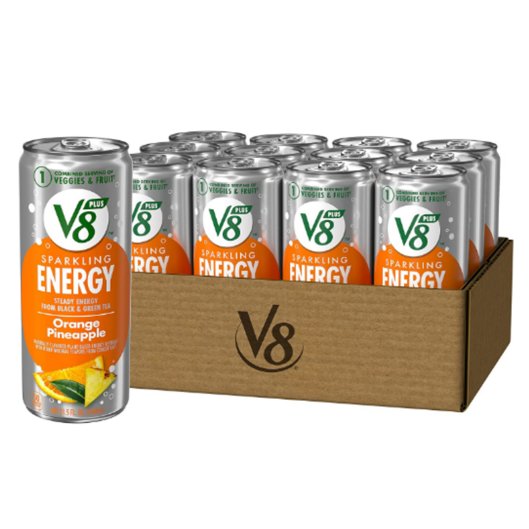 V8 SPARKLING ENERGY Orange Pineapple Energy Drink, Made with Real Vegetable and Fruit Juices, 11.5 Ounce Can - Pack of 12