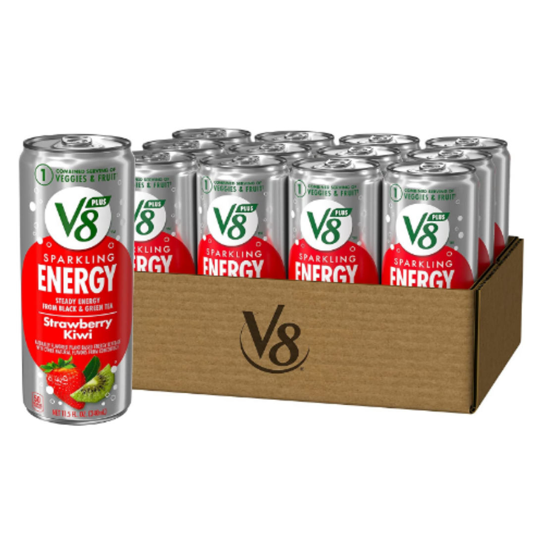 V8 SPARKLING ENERGY Strawberry Kiwi Energy Drink, Made with Real Vegetable and Fruit Juices, 11.5 Ounce Can - Pack of 12