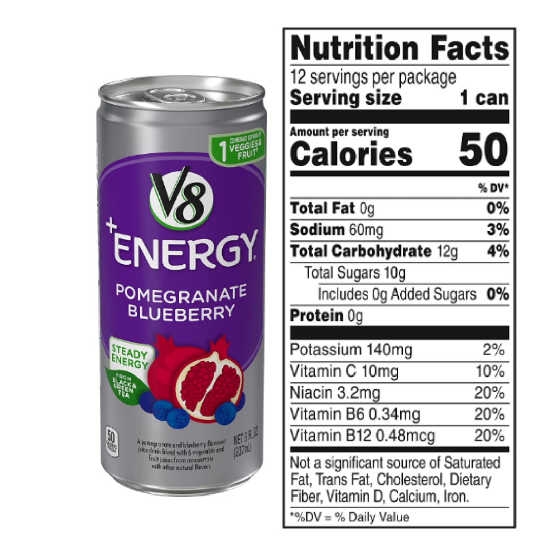 V8 Energy Variety Pack 24 Count, Peach Mango & Pomegranate Blueberry, 8 Ounce Can - 2 Packs of 12