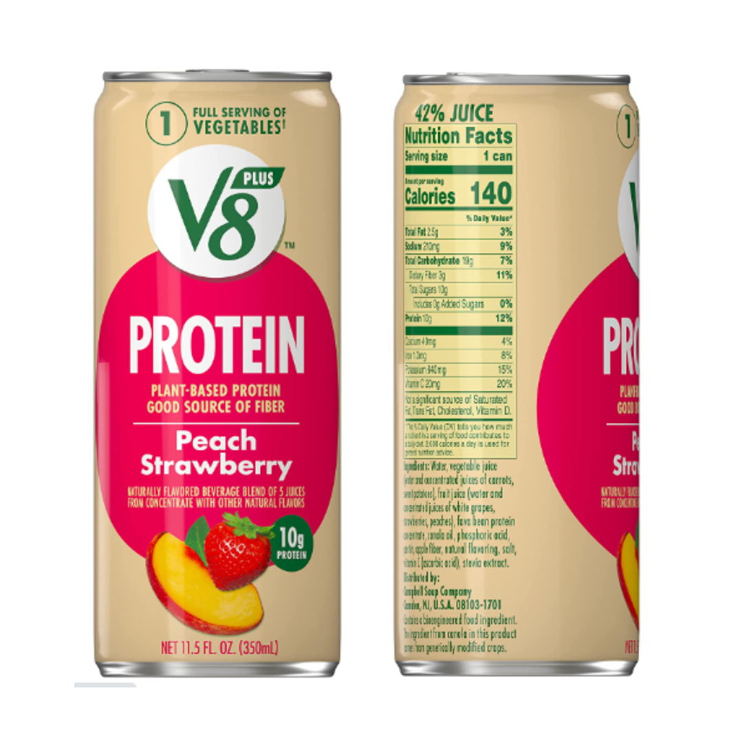 V8 Protein Peach Strawberry Flavored Protein Drink, Plant Based Drink Made with Natural Flavors, 11.5 Ounce Can Pack of 12