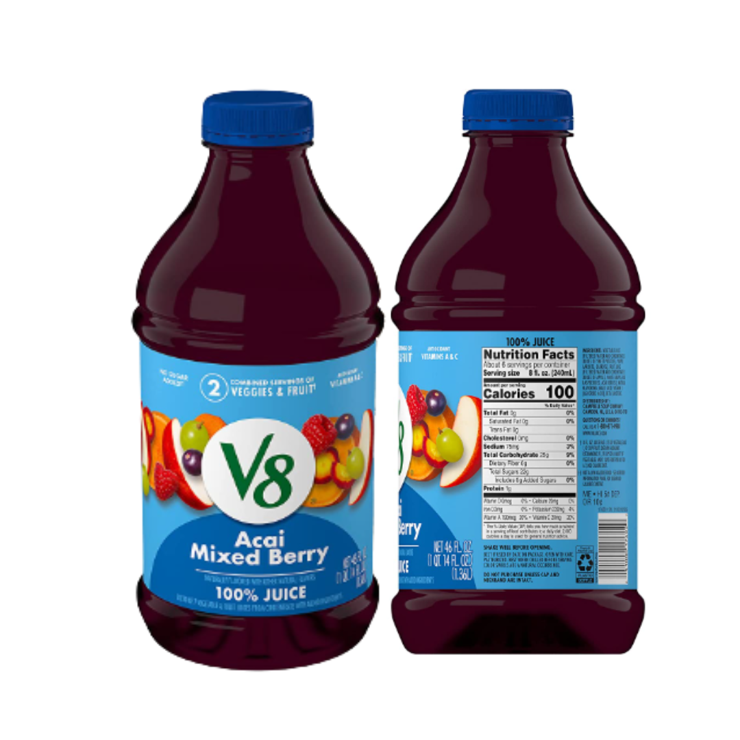 V8 Blends 100% Juice Acai Mixed Berry Juice, Fruit and Vegetable Juice Blend, 46 Ounce Bottle - Pack of 6