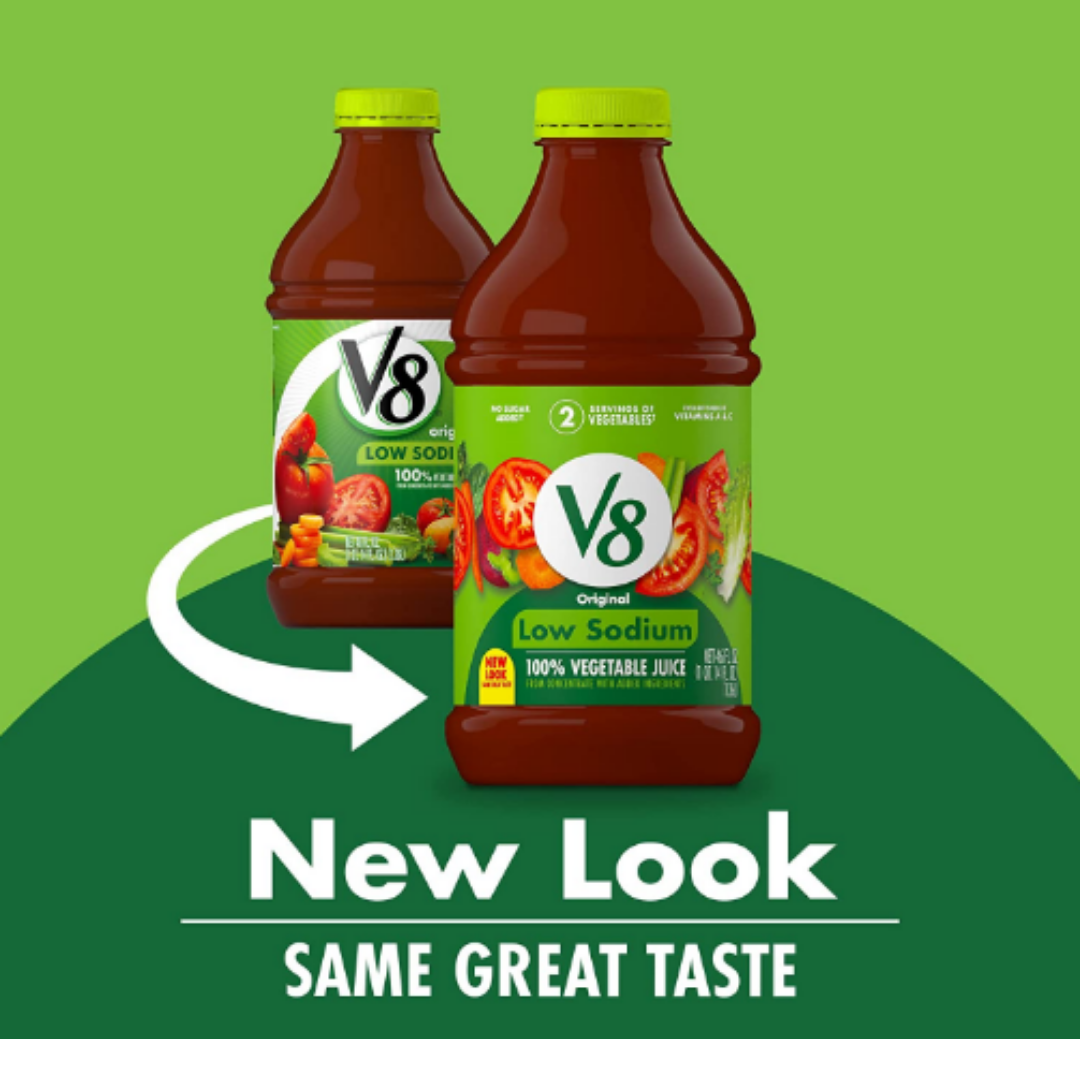 V8 Low Sodium Original 100% Vegetable Juice, Vegetable Blend with Tomato Juice, 46 Ounce Bottle - Pack of 6