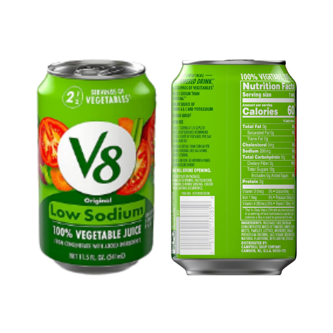 V8 Low Sodium Original 100% Vegetable Juice, Vegetable Blend with Tomato Juice, 11.5 Ounce Can - Pack of 24