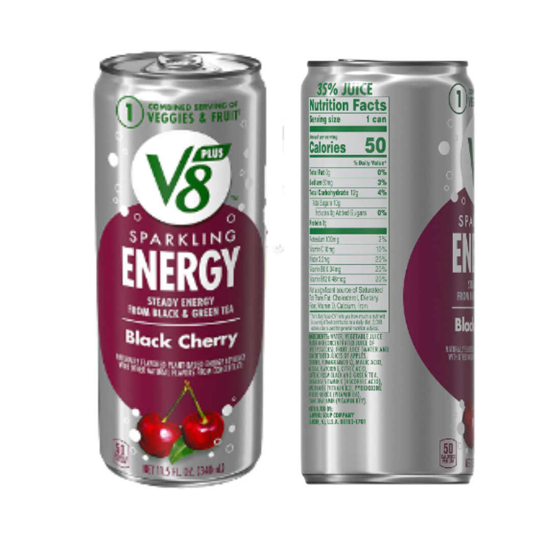 V8 Sparkling Energy, Healthy Energy Drink, Natural Energy from Tea, 11.5 Ounce Can, Black Cherry - Pack of 12