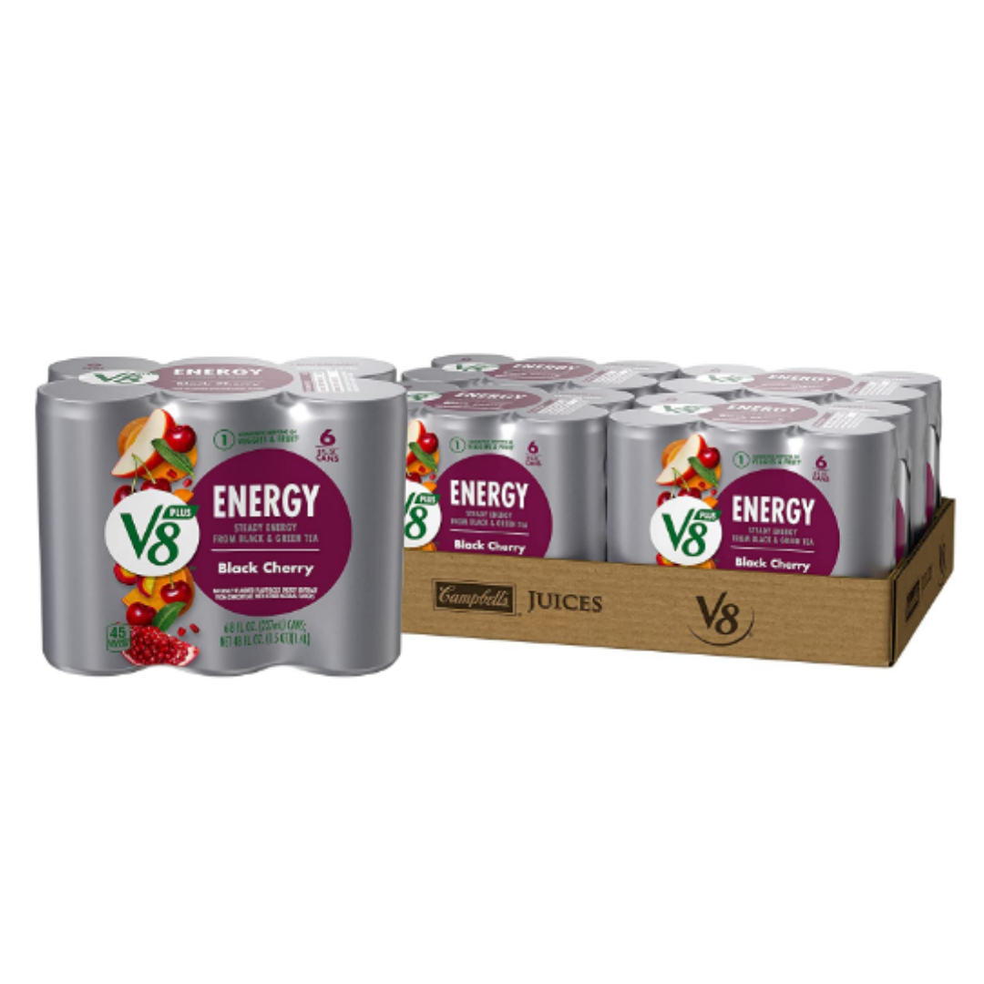 V8 ENERGY Black Cherry Energy Drink, Made with Real Vegetable and Fruit Juices, 8 Ounce Can - Pack of 24
