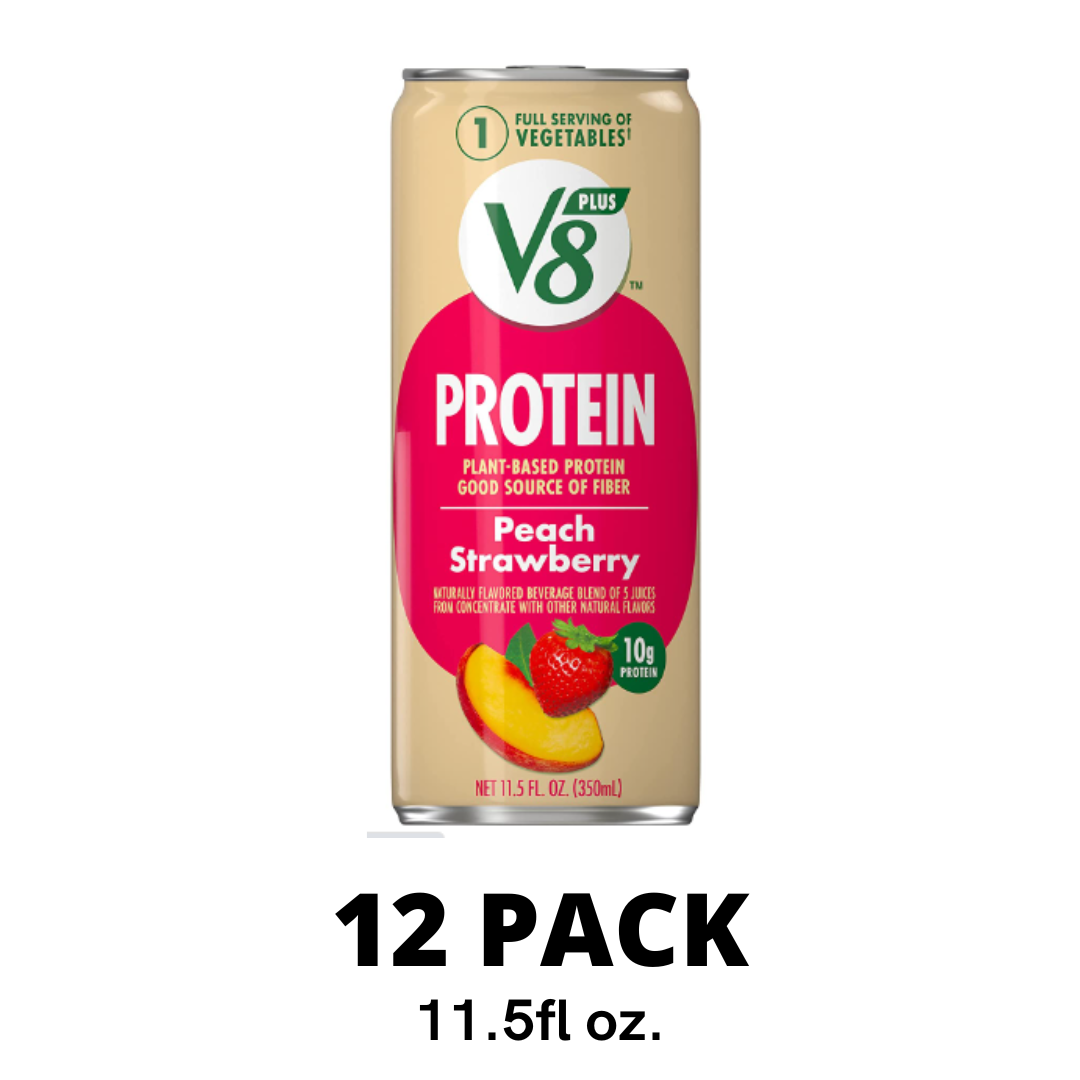 V8 Protein Peach Strawberry Flavored Protein Drink, Plant Based Drink Made with Natural Flavors, 11.5 Ounce Can Pack of 12