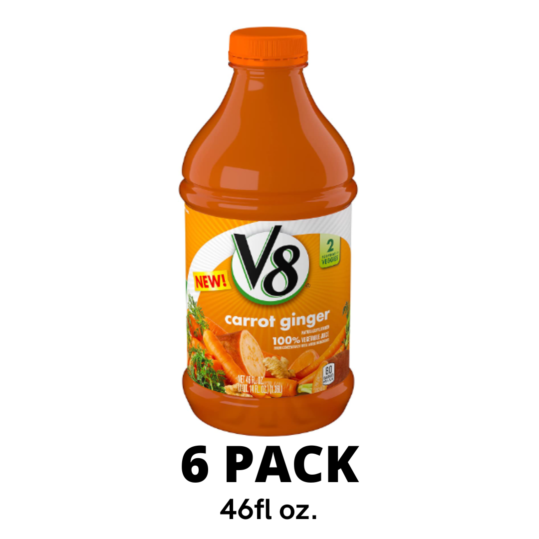 V8 Juice, Carrot Ginger Juice, 100% Vegetable Juice, Healthy Plant-Based Drink, 46 Ounce Bottle - Pack of 6