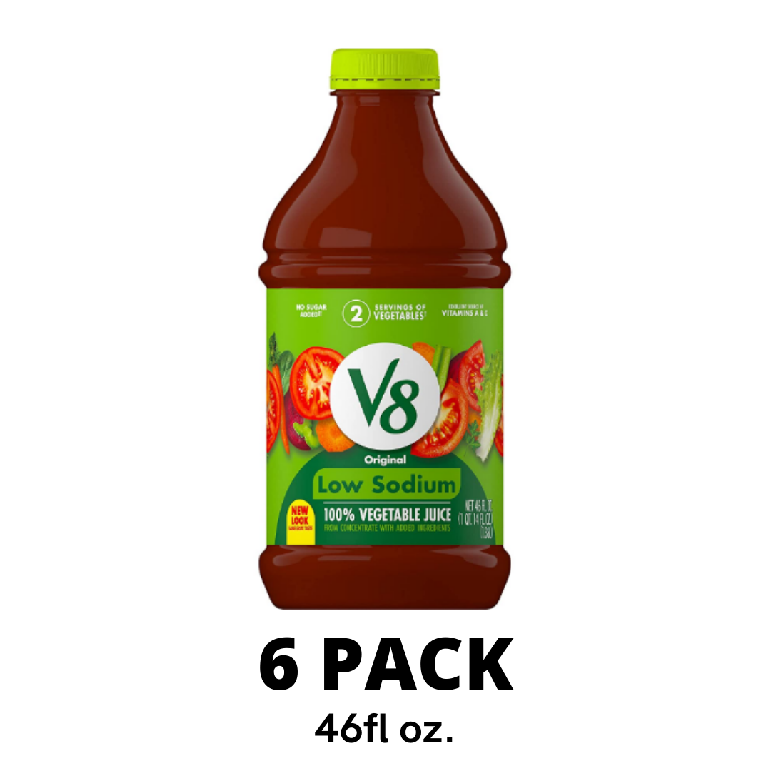 V8 Low Sodium Original 100% Vegetable Juice, Vegetable Blend with Tomato Juice, 46 Ounce Bottle - Pack of 6