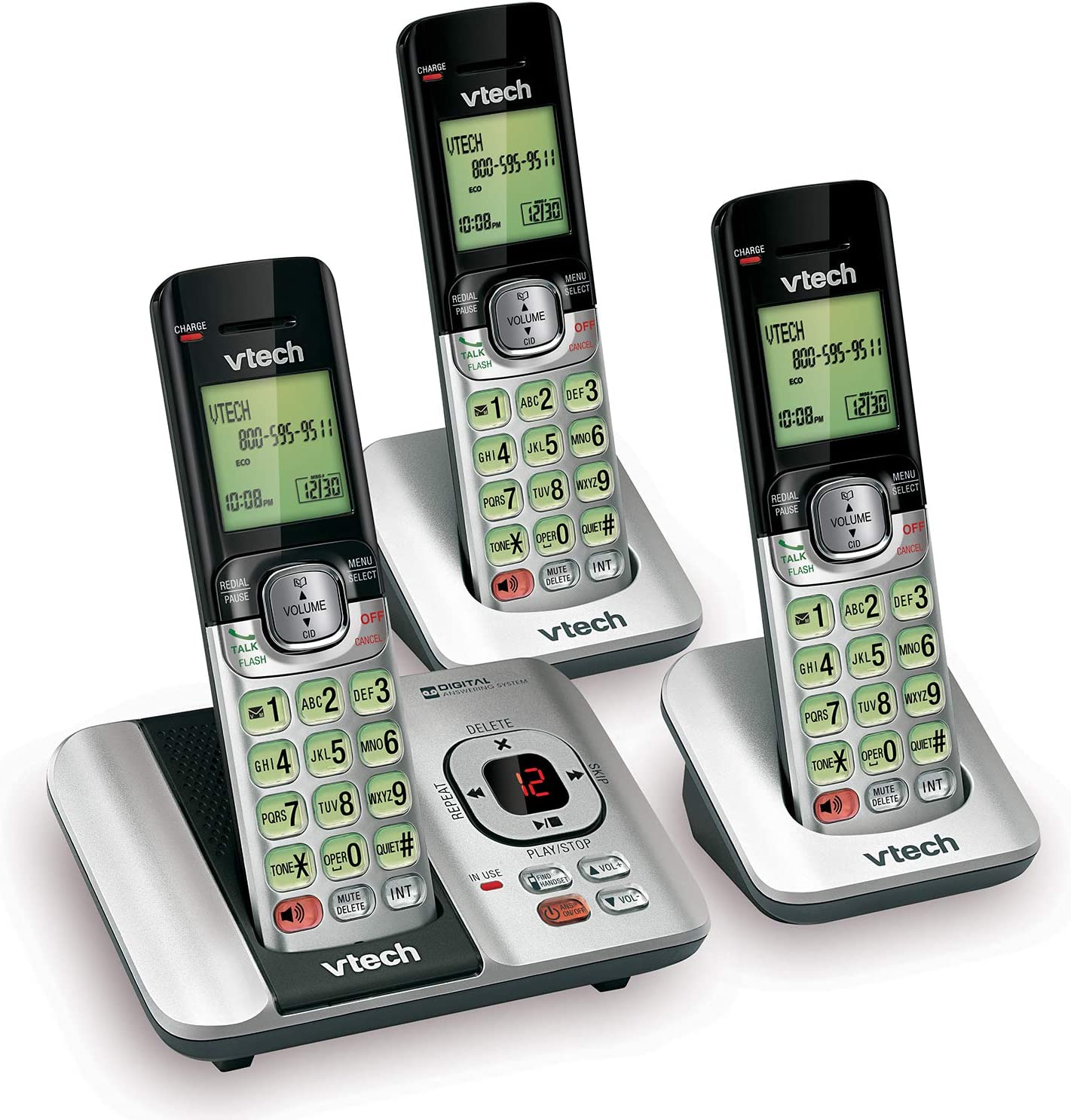 VTech CS6529-3 3-Handset DECT 6.0 Expandable Cordless Phone, Silver - with Answering System and Caller ID/Call Waiting