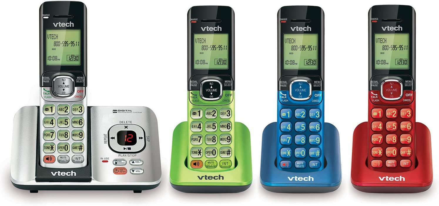 VTech CS6529-4B 4-Handset DECT 6.0 Cordless Phone, Blue/Green/Red/Silver - with Answering System and Caller ID/Call Waiting