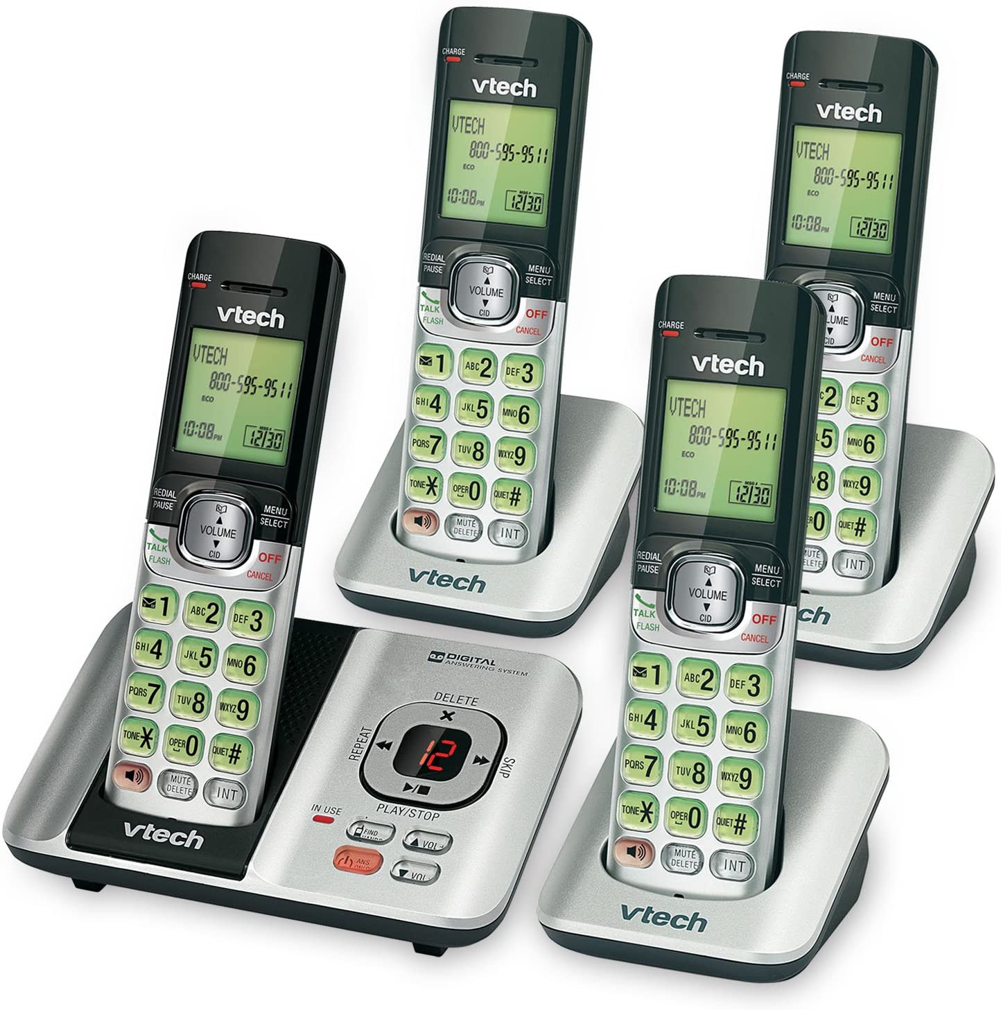 VTech CS6529-4 DECT 6.0 Phone Answering System, Silver/Black - with Caller ID/Call Waiting, 4 Cordless Handsets