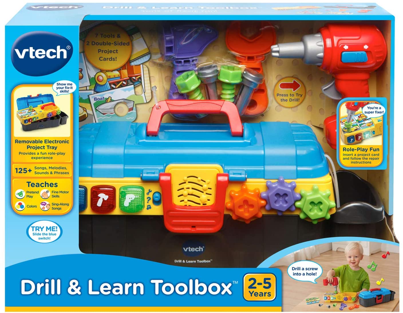 VTech Drill and Learn Toolbox, Multicolor - with Working Toy Drill, Hammer, Wrench, Nails and Screws