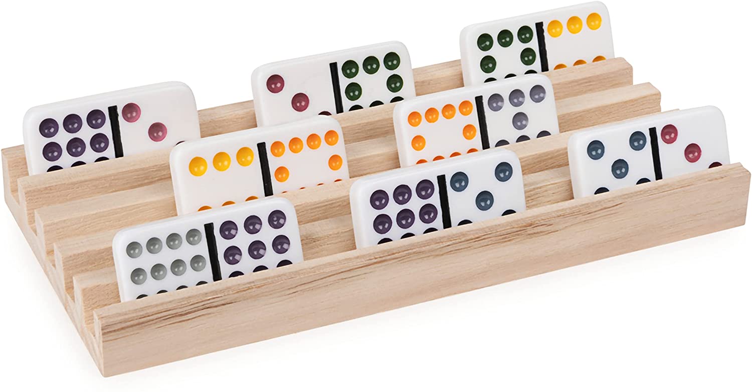 Wood Domino Racks, Set of 4 Trays for Mexican Train and Other Dominoes Games - Kids Ages 8 and up