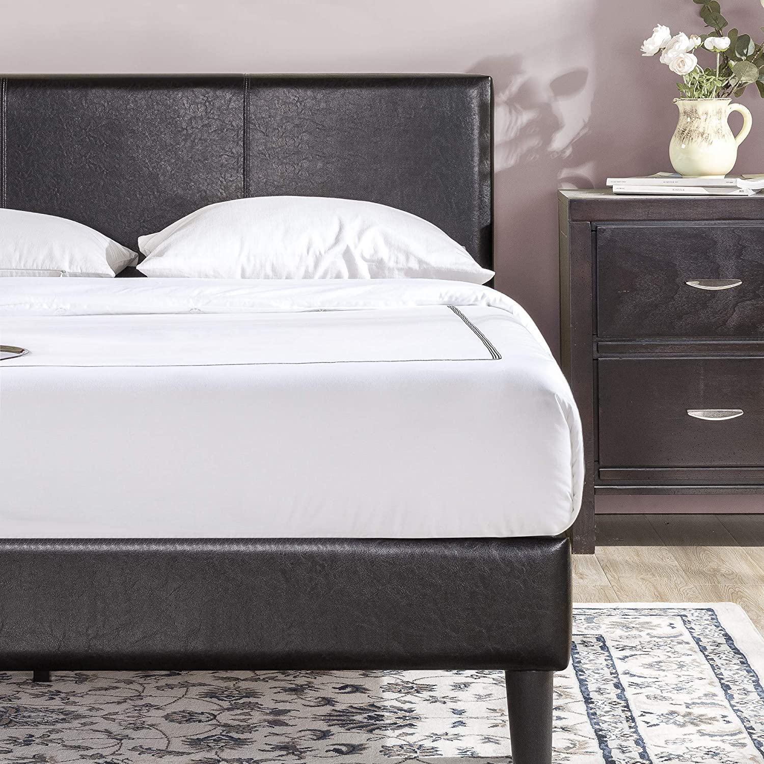 ZINUS Jade Faux Leather Upholstered Platform Bed Frame with Short Headboard, Black