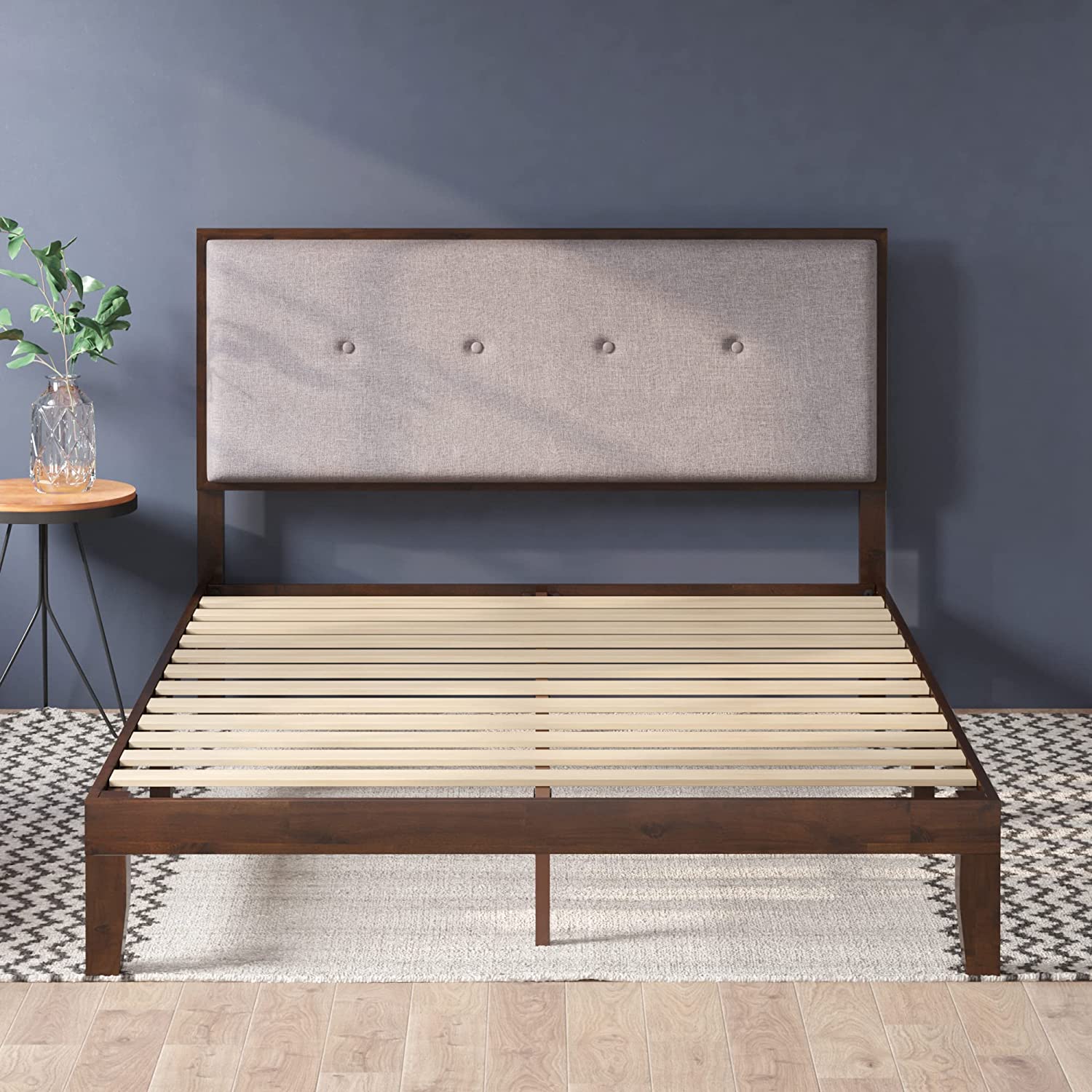 ZINUS Moiz Wood Platform Bed Frame with Adjustable Upholstered Headboard, Antique Espresso