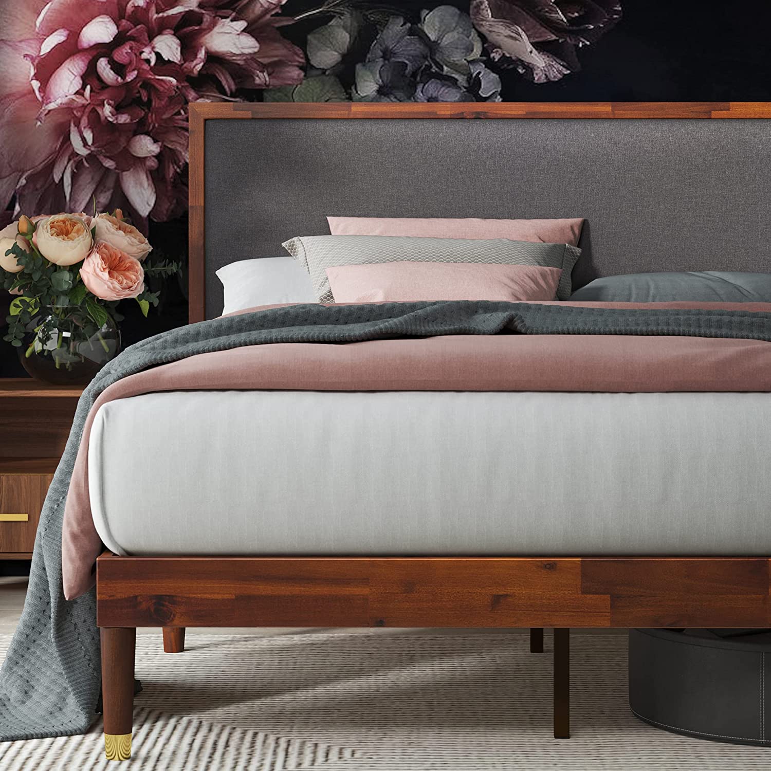 ZINUS Raymond Wood Platform Bed Frame with Adjustable Upholstered Headboard, Brown