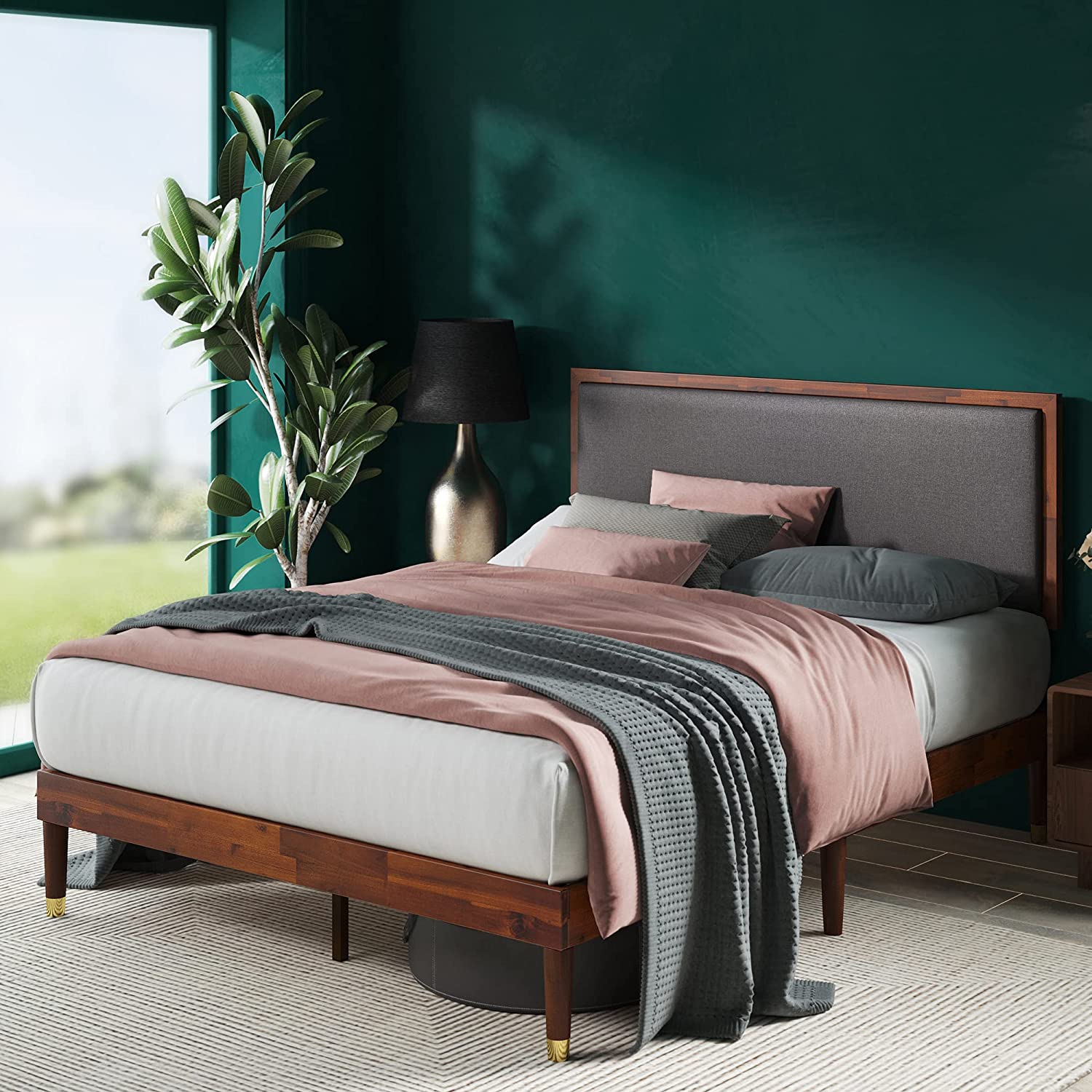 ZINUS Raymond Wood Platform Bed Frame with Adjustable Upholstered Headboard, Brown
