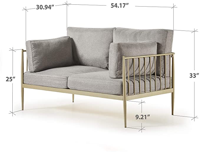 ZINUS Janelle Gold Metal Loveseat / Steel Framework with Upholstered Cushions / Easy Assembly