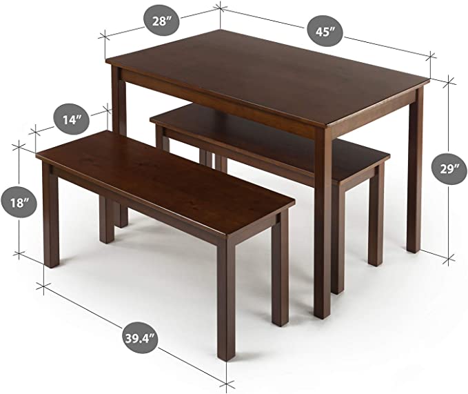 Zinus Juliet Espresso Wood Dining Table with Two Benches / 3 Piece Set, Table and Bench Set