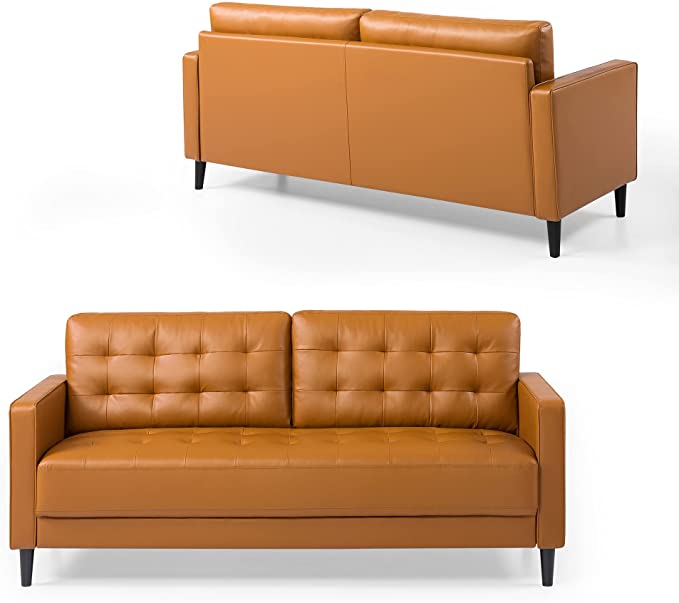 ZINUS Benton Faux Leather Sofa Couch / Easy, Tool-Free Assembly, Cognac
