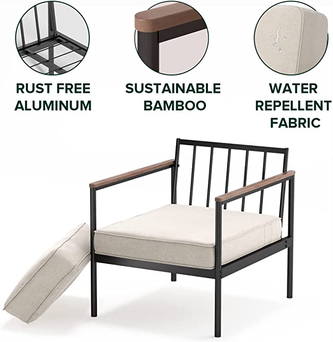 ZINUS Savannah Aluminum and Bamboo Outdoor Armchairs with Cushions - Set of 2 / Premium Patio Chairs / Weather Resistant and Rust Proof / Easy Assembly