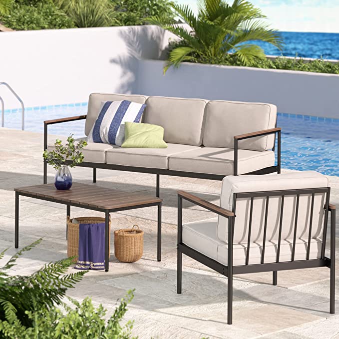 ZINUS Savannah Aluminum and Bamboo Outdoor Sofa with Cushions / Premium Patio Sofa / Weather Resistant and Rust Proof / Easy Assembly