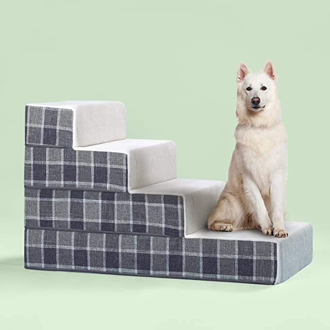 Zinus Cozy Pet Stairs/Pet Ramp/Pet Ladder/Grey Checked, Large