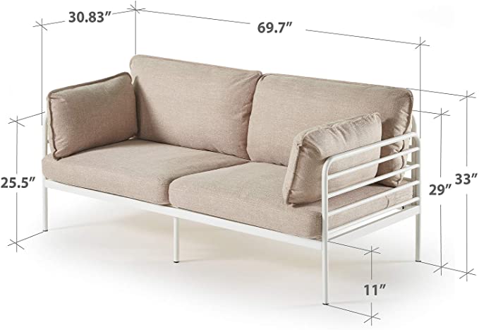 ZINUS Ellen White Metal Sofa / Steel Framework with Upholstered Cushions / Easy Assembly
