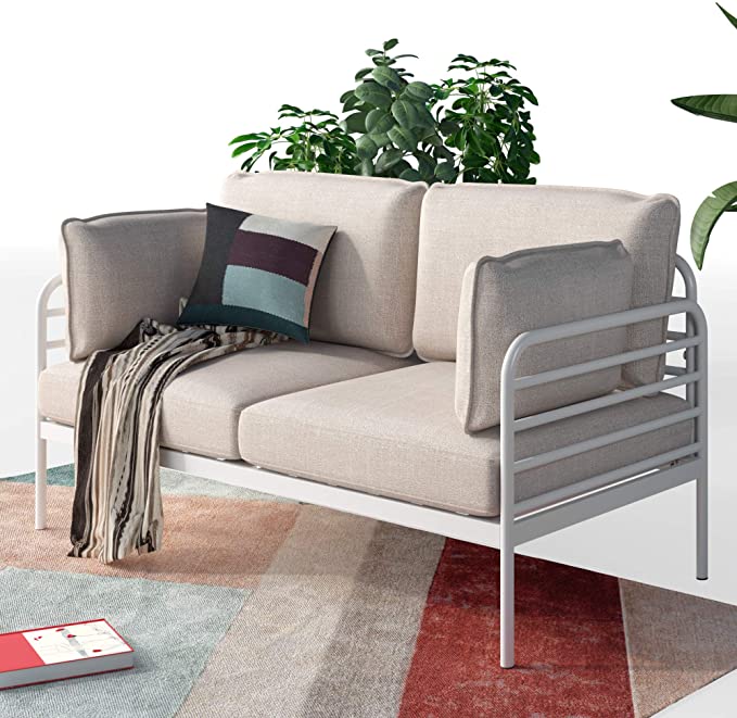 ZINUS Ellen White Metal Loveseat / Steel Framework with Upholstered Cushions / Easy Assembly